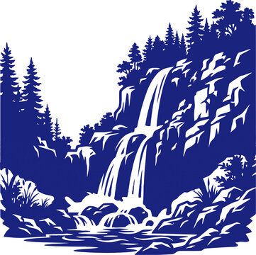 vector can editable Rugged cliffside waterfall with prominent pine trees and rocky texture