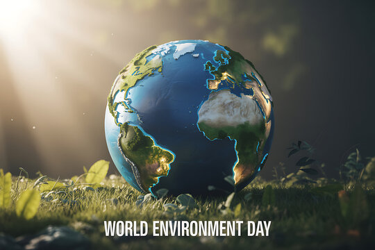 Globe on grass representing world environment day with a beautiful natural background and sunlight shining through trees