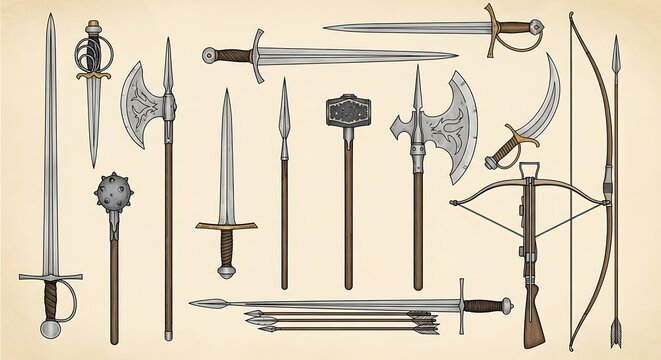 Collection of medieval weapons and armory items on parchment