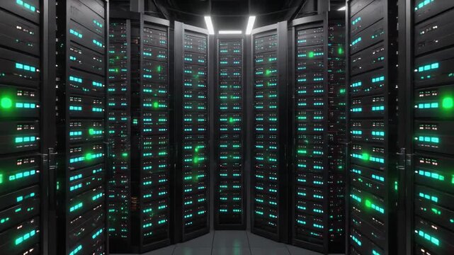 Vertical ascending shot inside futuristic cyber server room racks, representing infinite cloud storage and global data hosting conveying secure network infrastructure