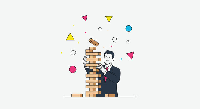 Businessman in a formal suit carefully adjusting a tall tower of wooden blocks as a metaphor for strategic planning and risk management.