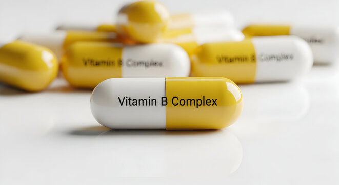 Promotional Vitamin B Complex capsule closeup, promoting health, energy, and wellness for modern lifestyles and pharmaceutical marketing campaigns.