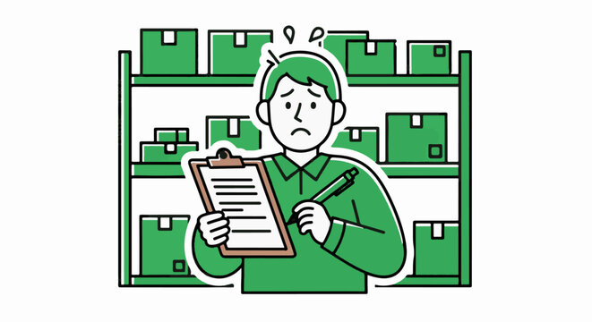Warehouse worker checking inventory with clipboard and boxes.