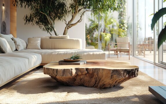 Modern living room with a unique, large, tree-trunk coffee table on a beige rug, complemented by a beige sofa and lush greenery.