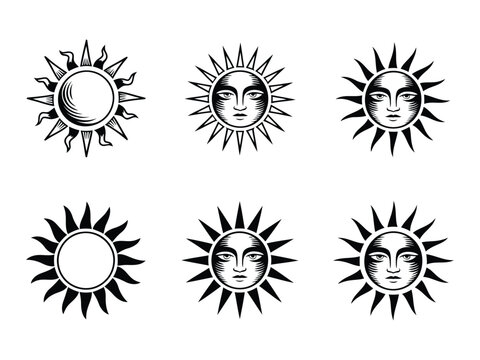 Six black and white stylized sun with human faces and rays