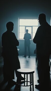 Negotiator standing between two groups in backlit office, mediating business conflict, merger talks, corporate dispute, team division, conflict resolution, and agreement process footage use