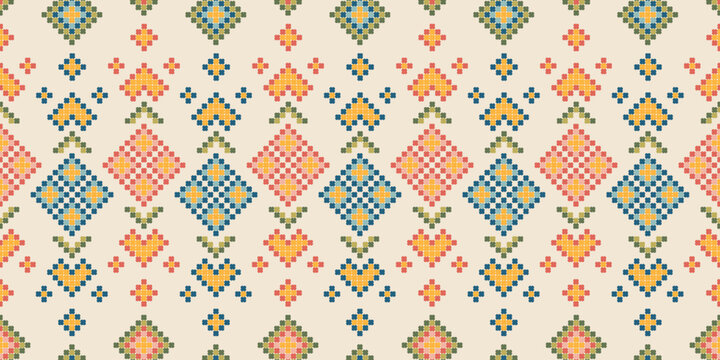 Scandinavian Cross-Stitch Seamless Pattern with Hearts and Flowers vector illustration.