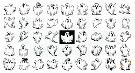 Obraz premium Large set of cute and spooky hand drawn cartoon ghost characters with various facial expressions and floating poses on a grid background.