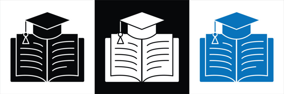 Graduation cap and open book icon set isolated on white and black background