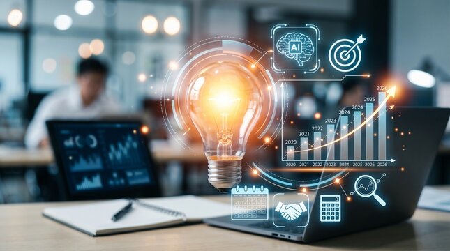 Bar graphs, charts, and number 2026 with AI and data analysis icons symbolizing future business innovation and analytics Parse