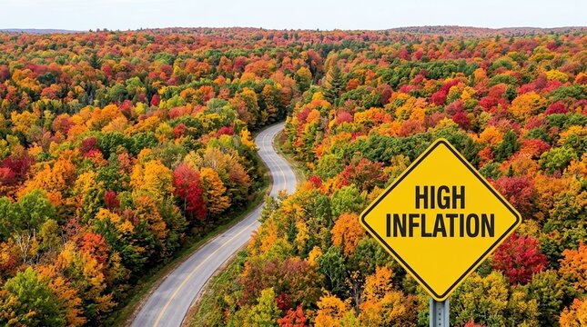 high inflation, economy, finance, road, autumn, warning, business concept with a road sign over a winding highway through colorful fall forest foliage representing economic risk.