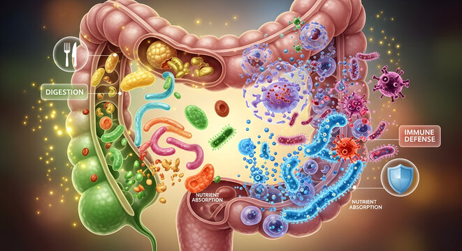 Vibrant gut microbiome illustration showcasing digestion nutrient absorption and immune defense with diverse bacteria and viruses