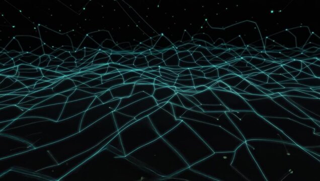 Abstract AI Cyber Topography Loop with Jagged Cyan Wireframe Mountain Grid and Constellation Star Sky
