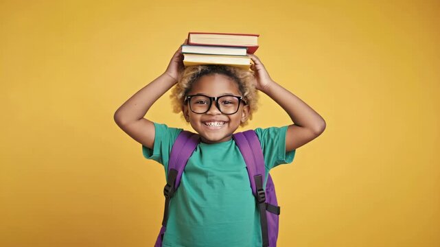 Cute little boy holding stack of books on head on yellow background with copy space. Back to school, education