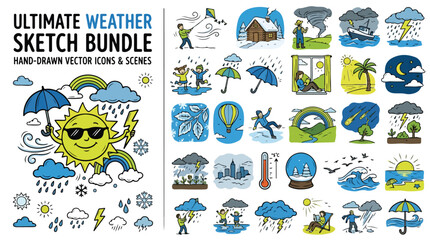 Obraz premium Hand-drawn weather sketch bundle, ultimate collection of 25 vector icons and scenes, meteorology doodle set for climate forecasting and seasonal design