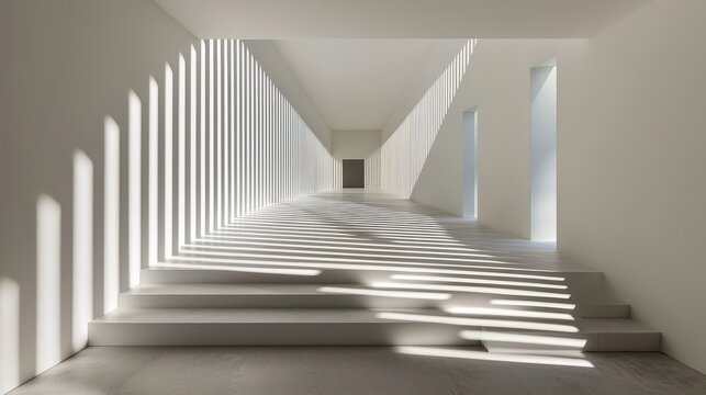 Laser beam modulation abstract corridor stark white light stripes geometric shadows precise frequency variations clean divisions mathematical beauty