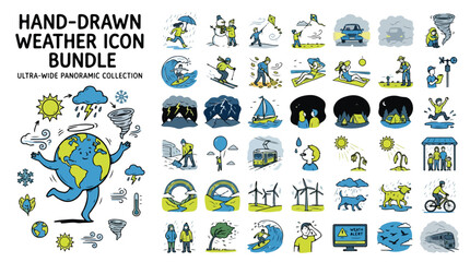 Fototapeta premium Hand-drawn weather icon bundle, ultra-wide panoramic collection of climate symbols, doodle style meteorological vector set for news and forecasting