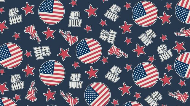 Independence Day Pattern Video &ndash; Looping 4K animation featuring a seamless patriotic pattern of American flag badges, Statue of Liberty, stars, and 4th of July typography on a festive navy background.