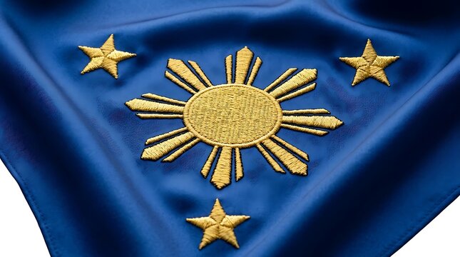 Detailed Golden Sun and Three Stars Embroidered on Blue Silk Fabric