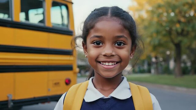 Cute African American girl 7 years old with backpack waiting school bus on road at morning