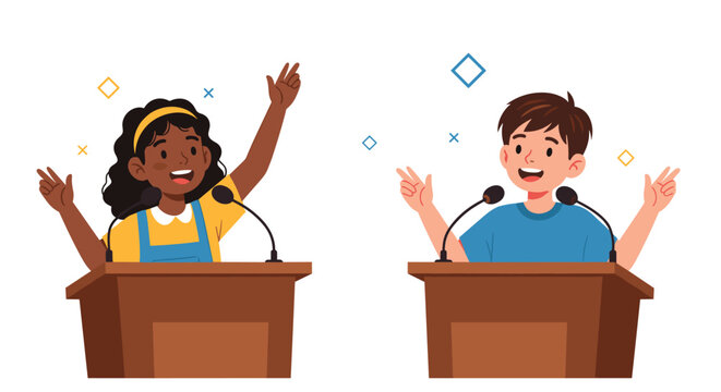 Two excited children stand at podiums with microphones while giving an public speech or participating in a debate.