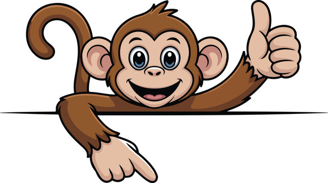 Smiling and liking jungle monkey character leaning over empty copy space board template with positive hand gesture approval sign for children advertising graphics