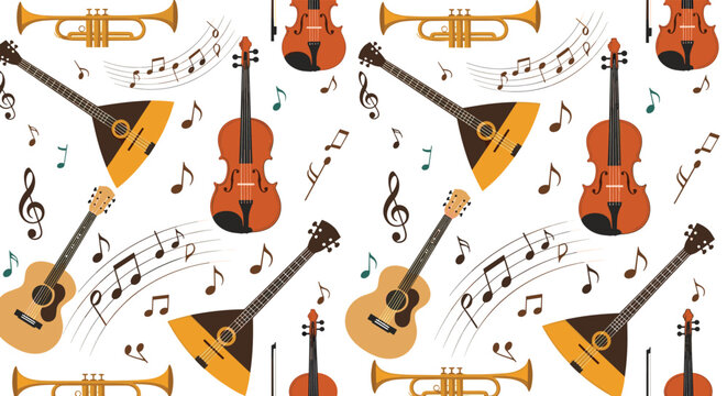 Seamless music background pattern features guitars, violins, trumpets, and musical notes on a white background.
