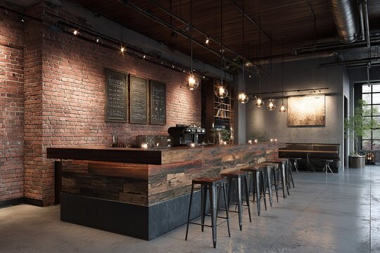 Modern industrial cafe interior with exposed brick and wooden bar