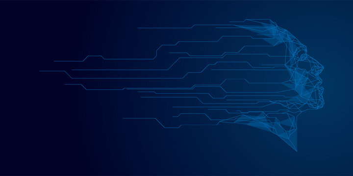 Abstract human head consists of connected dots, lines, and polygons flows into the wires of a circuit. The silhouette of a cyborg in low poly blue. AI face concept. Artificial Intelligence background.