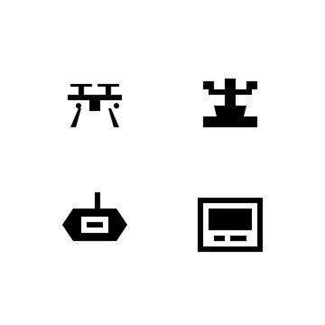 Autonomous farming drones and aerial crop spraying flat black silhouette icon pack featuring camera hexacopter landing dock station and field scanning tablet for agrotech design layouts