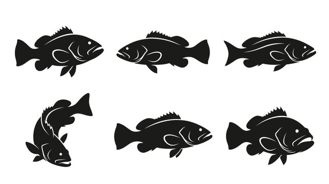 different black grouper fish silhouettes on a clean white background, minimalist vector style.