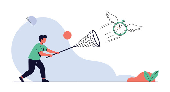 Man with a net trying to catch a flying clock with wings representing the concept of chasing time and deadlines.