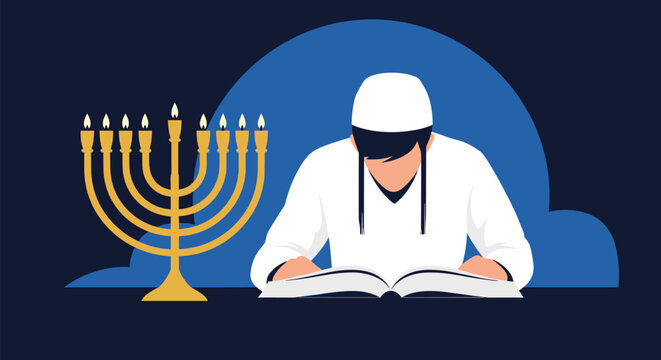 Jewish boy wearing a kippah reading a holy book next to a golden menorah with lit candles against a dark background.