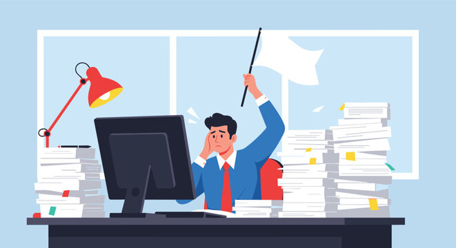 Stressed office worker at his desk surrounded by massive stacks of paperwork raises a white flag to signal surrender and need for help.