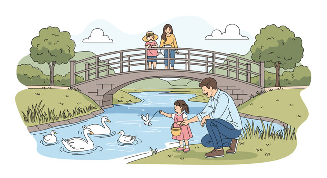 Happy family enjoys a pleasant day in a public park feeding white swans in a gentle river while crossing a scenic stone arched bridge.