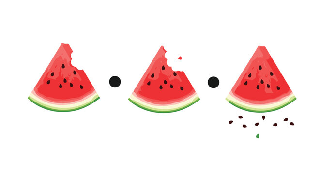 Trio of fresh watermelon slices displayed with bite marks and falling seeds against a clean white background.