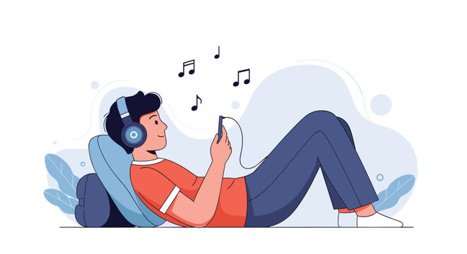 Relaxed young man lying down while listening to music through headphones connected to his smartphone with music notes.