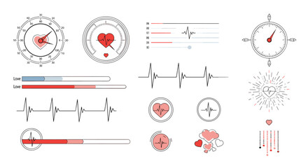 Naklejka premium Assortment of medical heart rate monitors, pulse graphs, and metaphorical love meters using heart symbols and gauges.