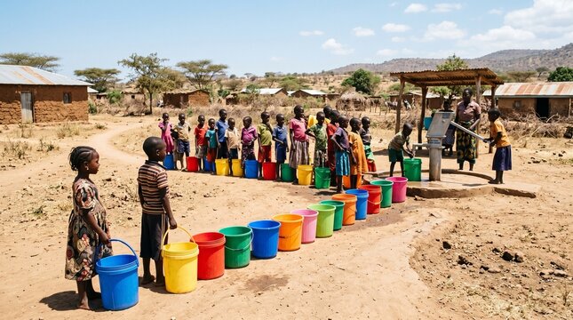 African Children Lining Up with Colorful Plastic Buckets to Collect Clean Water from a Rural Village Hand Pump