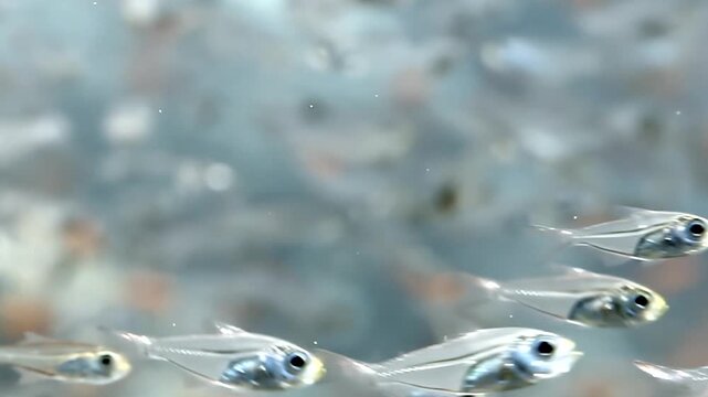 Mesmerizing school of delicate glassfish gracefully glides through pristine, clear aquarium water. Their translucent bodies shimmer, revealing internal structures they swim and congregate peacefully.