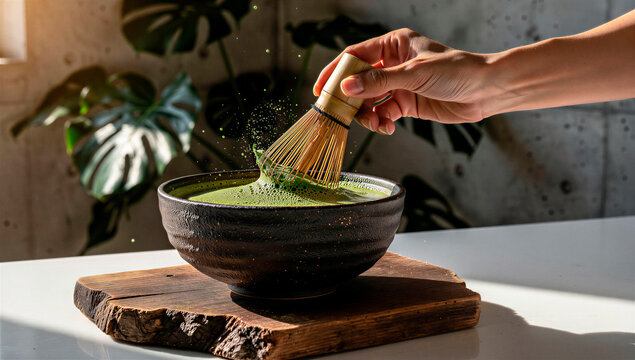 Hand whisks vibrant green matcha tea in a rustic bowl with a bamboo chasen on a sunlit wooden board, highlighting the healthy and calming ritual
