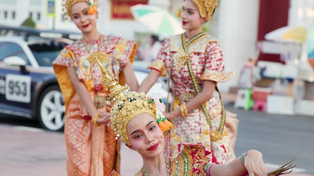 Traditional Thai Khon Dancers Perform Manohra Dance at Wat Suthat Temple