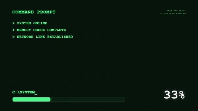 Sci fi command prompt terminal screen showing green hacker code system online logs and loading progress bar.