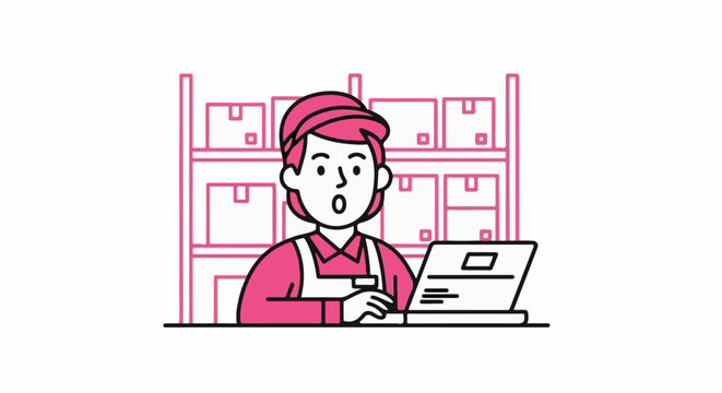 Warehouse worker managing inventory on laptop computer.