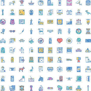 Large collection of multicolored chalk sketch style infographic icons covering various concepts and themes, representing a wide variety of subjects in a playful and creative way
