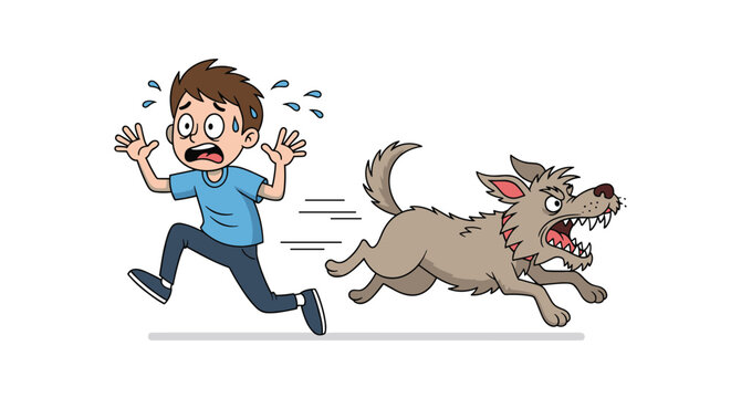 Frightened young boy running away from an aggressive barking dog in a humorous cartoon illustration of childhood fears.