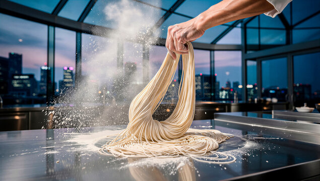 Skilled chef's hands expertly stretch fresh, handmade noodles, creating a dynamic cloud of flour in a luxurious high-rise kitchen overlooking a dazzling city skyline at night