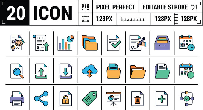 Business Document Management Icon Set With Files, Folders, Analytics, Calendar, Security, And Cloud Upload Workflow Symbols