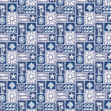 Seamless coastal tile pattern featuring shells, fish, coral, waves, palms and sun motifs in blue and white. Ideal for fabric, wallpaper, packaging, beach decor and nautical branding art themes