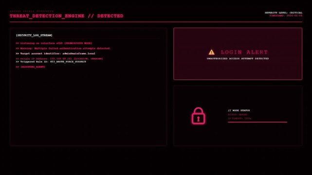 Sci fi threat detection engine UI screen showing red security log stream unauthorized login alert and access denied node status.